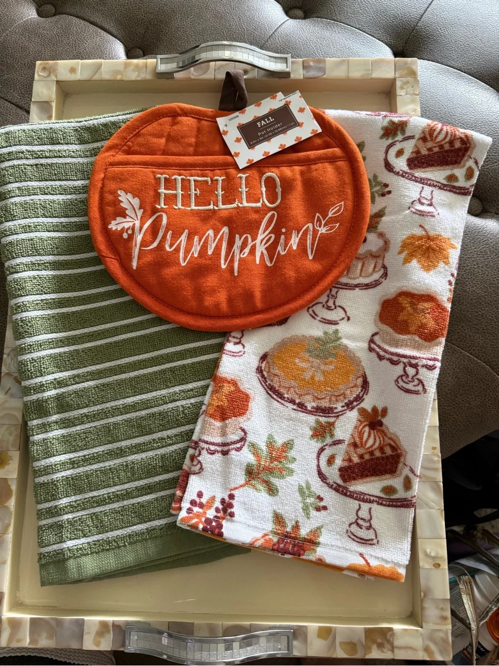 3pc Autumn kitchen towel set. 2 towels and a Hello Pumpkin pot holder